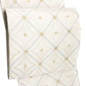 河合美術織物 袋帯 西陣織 正絹 能寿七宝菱松文 シルバー 銀色 白